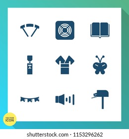 Modern, simple vector icon set on gradient background with parachute, fly, electric, fan, mail, traditional, insect, nature, holiday, sport, sign, volume, asia, white, jump, kimono, water, sky icons