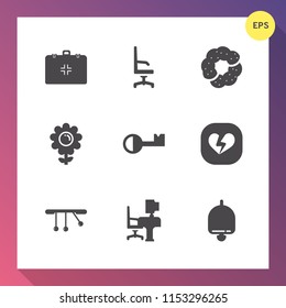 Modern, simple vector icon set on gradient background with sweet, furniture, room, muffin, comfort, business, sign, doughnut, table, key, cookie, floral, broken, cake, chocolate, home, emergency icons