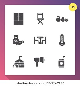 Modern, simple vector icon set on gradient background with glass, chair, lolly, sign, car, liquid, closet, seat, snow, wardrobe, dessert, man, sport, drink, family, measurement, communication icons