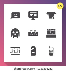 Modern, simple vector icon set on gradient background with emotion, discount, fashion, grocery, phone, supermarket, space, laboratory, business, ufo, concept, motel, store, chat, face, money icons