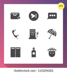 Modern, simple vector icon set on gradient background with media, parasol, store, button, message, bottle, web, people, asian, phone, gasoline, add, young, fuel, drink, sale, umbrella, chat, gas icons