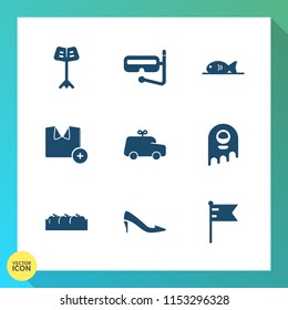 Modern, simple vector icon set on gradient background with t-shirt, space, sea, mask, america, drink, healthy, alien, flag, musical, snorkeling, white, snorkel, fashion, music, shirt, monster icons