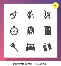 Modern, simple vector icon set on gradient background with adventure, scale, paper, vehicle, activity, dentist, compass, kayak, notebook, equipment, food, clinic, page, medicine, car, road, send icons