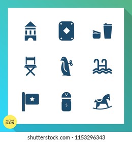 Modern, simple vector icon set on gradient background with child, pool, toy, cute, coffee, penguin, cafe, game, sugar, mug, water, cup, hot, black, animal, nation, chair, tower, drink, sign, car icons
