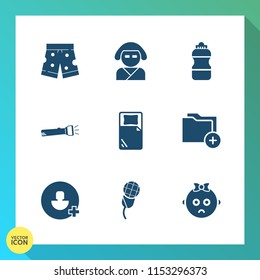 Modern, simple vector icon set on gradient background with white, beautiful, oriental, container, plastic, sad, music, water, child, fashion, add, japan, document, bottle, karaoke, data, audio icons