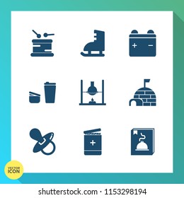Modern, simple vector icon set on gradient background with battery, coffee, drum, drink, hot, brown, medical, child, table, house, science, power, full, sugar, instrument, sport, snow, winter icons