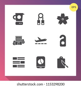Modern, simple vector icon set on gradient background with internet, person, airplane, newspaper, restaurant, pan, blossom, cherry, lecture, news, cutlery, seminar, cooking, mixer, kitchen, pink icons