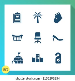 Modern, simple vector icon set on gradient background with hotel, sock, motel, clothes, gray, dentist, dentistry, white, hygiene, patient, igloo, medical, , warm, furniture, style, striped, snow icons