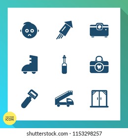 Modern, simple vector icon set on gradient background with fire, laboratory, infant, skating, house, year, brush, baby, modern, holiday, cute, health, care, tool, kitchen, window, roller, sport icons