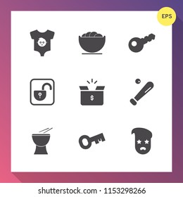 Modern, simple vector icon set on gradient background with dishware, cute, bowl, food, kitchen, kid, child, unlock, musical, security, safe, clothing, retro, empty, protection, baseball, boy icons