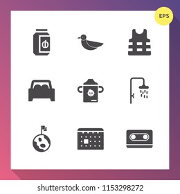 Modern, simple vector icon set on gradient background with white, music, day, safety, container, audio, space, bird, earth, globe, glass, retro, shower, vehicle, flight, sea, bottle, food, jar icons