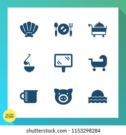 Modern, simple vector icon set on gradient background with dinner, sign, service, fork, glass, container, banner, sunrise, seashell, kitchen, plate, ocean, pork, card, vegetable, sun, pig, sea icons