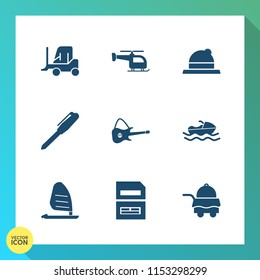 Modern, simple vector icon set on gradient background with boat, pen, headwear, wind, office, service, aviation, business, delivery, surf, baseball, vehicle, bed, sea, cargo, clothing, style icons