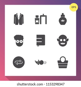 Modern, simple vector icon set on gradient background with fiction, medical, equipment, office, replacement, person, ufo, business, bag, leather, page, scan, ball, health, substitute, beauty icons