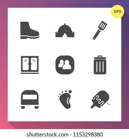 Modern, simple vector icon set on gradient background with bus, footwear, silhouette, travel, small, can, summer, cooking, child, home, garbage, white, transportation, trash, bin, outdoor, cream icons