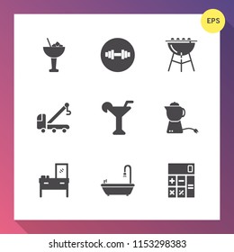 Modern, simple vector icon set on gradient background with business, lemon, calculator, finance, car, bathroom, furniture, toilet, grilling, sign, bbq, alcohol, dumbbell, weight, cocktail, tow icons