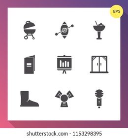 Modern, simple vector icon set on gradient background with fire, party, barbecue, cooler, lemon, bar, ice, ship, boot, document, sailboat, business, glass, window, sausage, meat, beverage, home icons