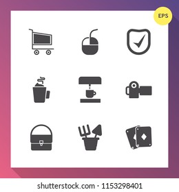 Modern, simple vector icon set on gradient background with optical, beverage, retail, internet, market, equipment, mouse, poker, sign, fashion, machine, cup, object, purchase, coffee, hot, cart icons