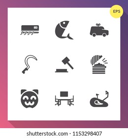 Modern, simple vector icon set on gradient background with fun, work, seafood, agriculture, cold, garden, coffee, car, sickle, judge, toy, kid, conditioning, game, table, cooling, chef, desk icons