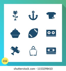 Modern, simple vector icon set on gradient background with dessert, sale, object, aircraft, casette, nature, blossom, stadium, white, audio, doughnut, football, clothes, music, fashion, spring,  icons