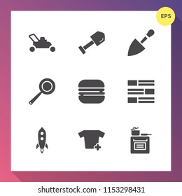 Modern, simple vector icon set on gradient background with burger, media, grass, oven, white, clothes, dinner, news, kitchen, food, cook, mower, sandwich, hamburger, black, fast, fashion, tool icons