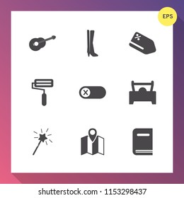 Modern, simple vector icon set on gradient background with library, price, sport, road, silhouette, discount, off, sale, footwear, tag, guitar, paint, car, power, tool, music, sign, switch, wand icons