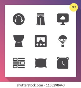 Modern, simple vector icon set on gradient background with elegant, parachuting, antenna, fashion, music, extreme, web, bed, wireless, communication, style, news, home, time, radio, woman, black icons