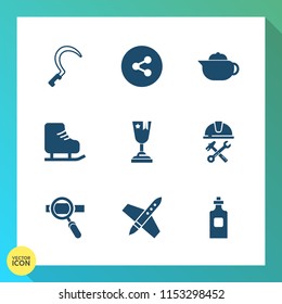 Modern, simple vector icon set on gradient background with foreman, web, sickle, ice, builder, breakfast, achievement, rocket, craft, drink, internet, winner, helmet, technology, hot, award, tea icons