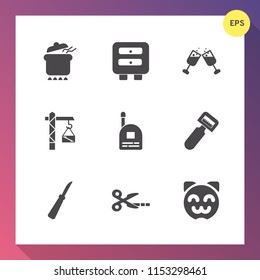 Modern, simple vector icon set on gradient background with drink, diet, fun, knife, red, business, boy, young, meal, alcohol, child, wine, cabinet, dinner, potato, stew, communication, food, cat icons