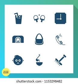 Modern, simple vector icon set on gradient background with equipment, phone, glass, time, cup, christmas, ball, spoon, sport, child, play, competition, rake, game, fashion, warm, activity, food icons