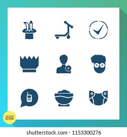 Modern, simple vector icon set on gradient background with retro, graphic, magician, fashion, crown, person, infant, magic, transport, style, king, speed, check, member, care, coffee, chef, call icons