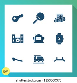 Modern, simple vector icon set on gradient background with astronaut, house, space, transport, leisure, tennis, van, cinema, architecture, screen, gadget, play, city, footwear, sport, table, key icons