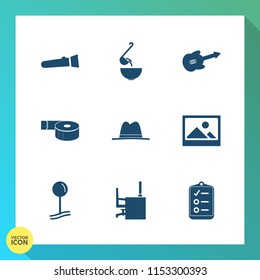 Modern, simple vector icon set on gradient background with food, map, spoon, hat, soup, pour, desk, meal, object, pin, bowl, table, checklist, torch, musical, list, dinner, energy, work, frame icons