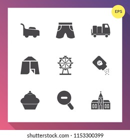 Modern, simple vector icon set on gradient background with short, sweet, church, transport, baby, fashion, sport, wear, truck, adventure, clothing, bottle, eye, template, delivery, lawn, shorts icons