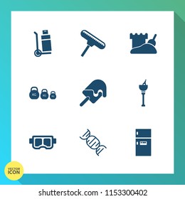 Modern, simple vector icon set on gradient background with water, cream, brush, sport, food, strawberry, truck, bucket, alcohol, freezer, drink, mask, sign, wine, roller, measurement, cargo, ice icons