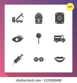 Modern, simple vector icon set on gradient background with accident, play, service, french, tow, unhealthy, sunglasses, casino, meal, dentist, game, snack, glasses, teeth, hippie, health, fast icons
