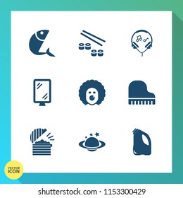 Modern, simple vector icon set on gradient background with headphone, street, white, nature, music, scary, headset, coffee, earphone, animal, listen, equipment, sea, clown, road, globe, salmon icons