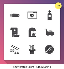 Modern, simple vector icon set on gradient background with office, security, equipment, espresso, grass, seafood, beverage, internet, japan, mower, no, digital, fish, garden, document, container icons