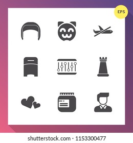 Modern, simple vector icon set on gradient background with building, belt, worker, boy, kitty, game, airplane, pet, animal, king, young, equipment, cute, plane, jar, jam, love, cat, industrial icons