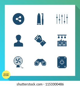 Modern, simple vector icon set on gradient background with bar, air, sign, dental, technology, account, heat, concept, internet, communication, fan, binocular, people, human, hand, play, game icons