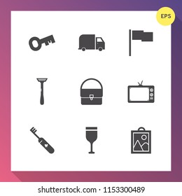 Modern, simple vector icon set on gradient background with clean, technology, health, glass, delivery, entertainment, transport, collection, lock, red, security, truck, toothbrush, emblem, flag icons