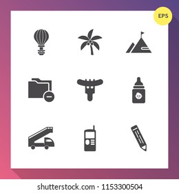 Modern, simple vector icon set on gradient background with skydiving, business, phone, coconut, dinner, hotdog, data, palm, telephone, leaf, pen, white, natural, transportation, pencil, document icons