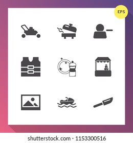 Modern, simple vector icon set on gradient background with ship, vessel, vest, garden, mower, restaurant, shop, boat, art, gardening, cutlery, broom, household, supermarket, safety, frame, water icons