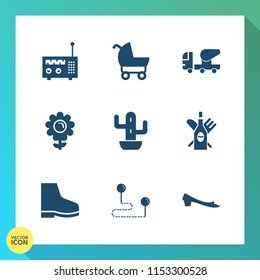 Modern, simple vector icon set on gradient background with buggy, child, desert, wine, plant, red, wheel, work, destination, glass, stroller, radio, floral, travel, flower, music, fashion, map icons