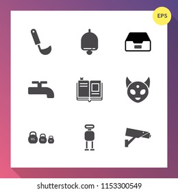 Modern, simple vector icon set on gradient background with soup, literature, ring, file, alarm, safety, education, data, water, folder, alert, document, crane, kitchenware, cook, ladle, space icons