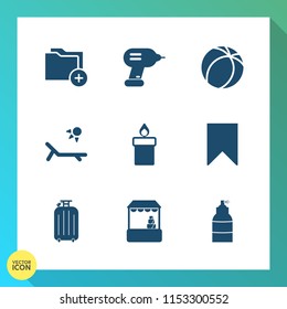 Modern, simple vector icon set on gradient background with travel, information, business, summer, office, flame, industry, archive, luggage, decoration, soccer, sun, tool, market, supermarket icons