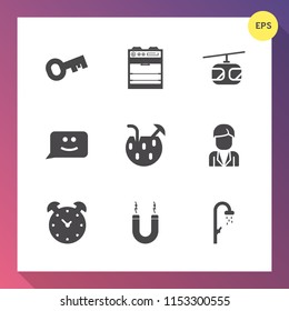 Modern, simple vector icon set on gradient background with chat, railroad, sky, sign, drink, oven, hour, juice, alarm, magnetic, blue, shower, security, water, man, transport, bathroom, male icons