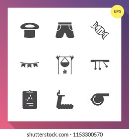 Modern, simple vector icon set on gradient background with flag, template, white, decoration, pendulum, clothing, evening, cap, sport, treadmill, medicine, fireplace, bonfire, event, whistle icons