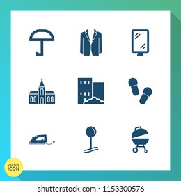 Modern, simple vector icon set on gradient background with street, building, male, weather, drop, estate, city, suit, grill, map, christian, office, religion, protection, tie, chapel, road, pin icons