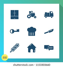 Modern, simple vector icon set on gradient background with business, estate, closet, barbecue, vehicle, key, speech, wardrobe, shipping, chief, agriculture, transport, delivery, transportation icons